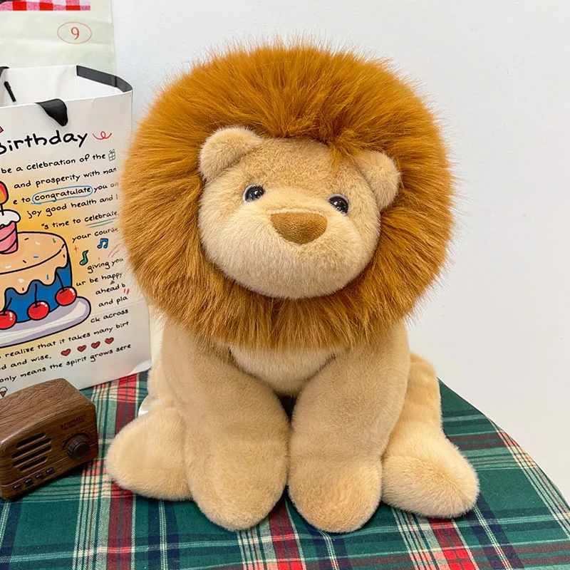 Front view of lion plush backpack bag seated on a tabletop with rounded paws and fluffy mane