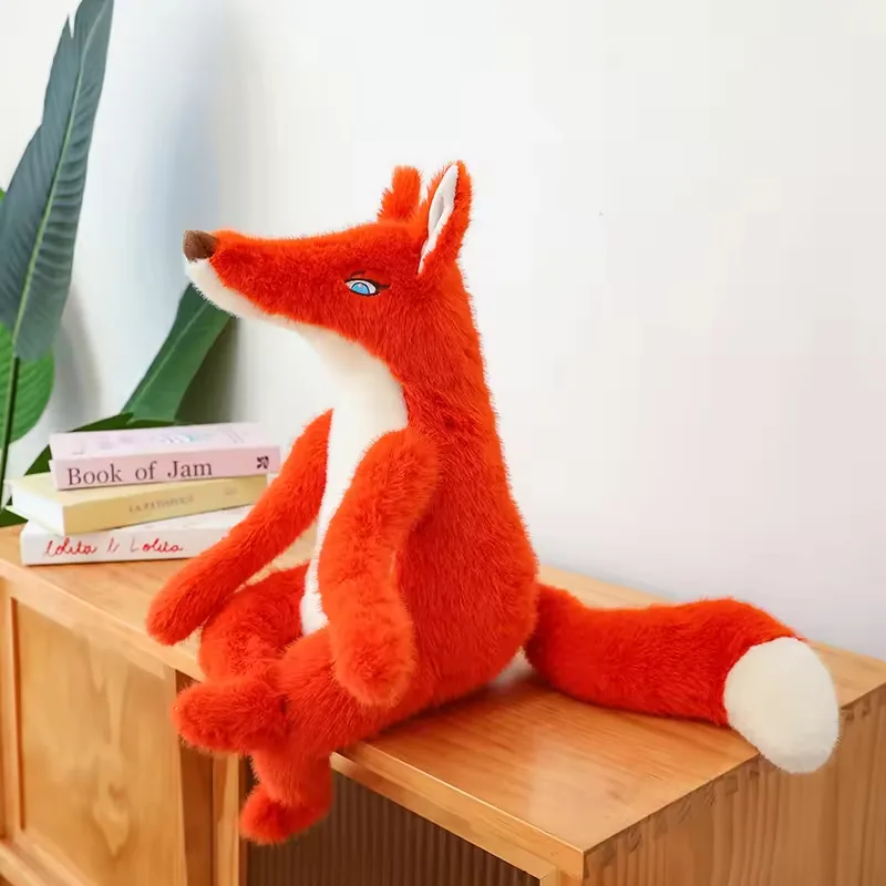 Single red fox plush doll seated on a wood cabinet with long legs, white belly panel, and a white-tipped tail